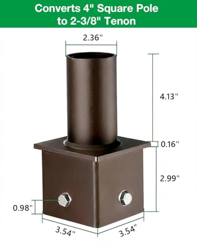 4 in Square Pole to 2-3/8 in Tenon Adapter, Vertical Mount, Bronze | 4mm heavy duty steel, fits 4 in square poles, for led shoebox parking lot flood lights, bronze, powder coated finish