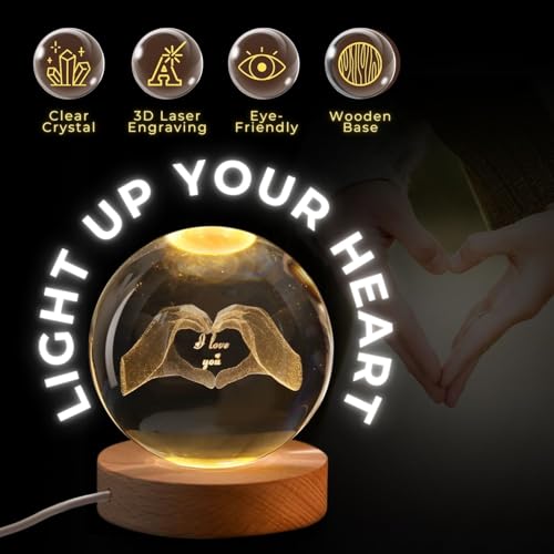 Flexzion 3D Love Crystal Ball Lamp, 3.15 inch (80mm), USB Night Light | Love Lamp with Solid Beech Wood Base and Adjustable Brightness for Bedrooms, Nightstands, Desks, Shelves and Room Decor - size: 3.15 inch (80mm), style: Love