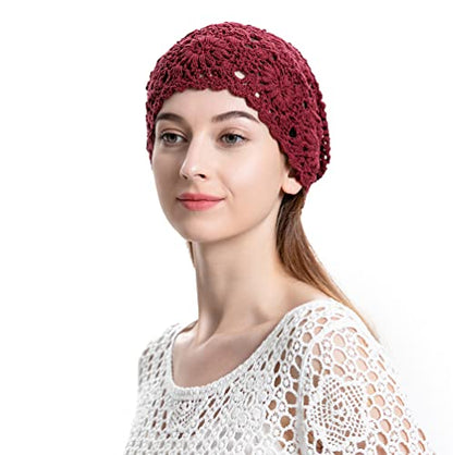ZLYC Women Cotton Crochet Slouchy Beanie Hat Handmade Knit Summer Skull Cap | Lightweight breathable,boho casual chic look,travel photos festival party,café commute daily wear,beach concert gathering - color: Burgundy Red
