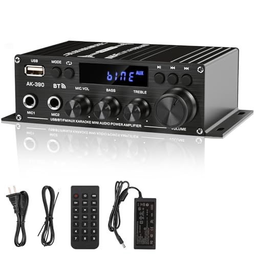 Stereo Amplifier Home Audio Receiver AK-390,AMP Speaker Bluetooth 5.0 Amplifier 400W+400W 2 Channels with 12V/3A Power Amplifier HiFi Amplifier FM Radio,(BT,USB, AUX, Mic)Input for Home Party - color: Black-AK390