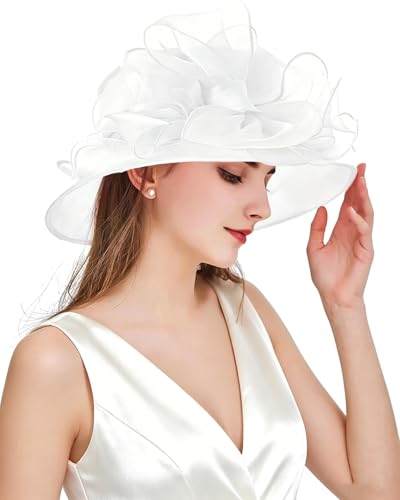 Women Derby Fascinator Hat Organza Church Wedding Hats Wide Brim Cocktail Tea Party Hat - color: 039 White