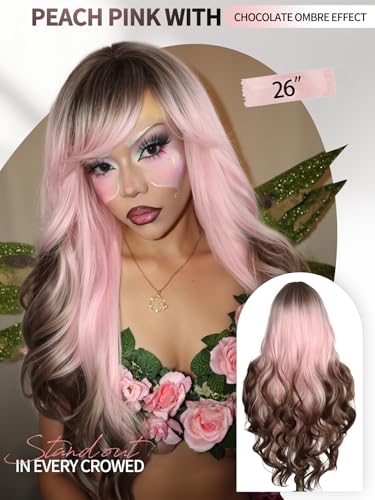 WIGER Long Wavy Wig With Bangs Pink Romantic Curly Hair With Brown Roots and Ends Synthetic Layered Curly Hair Ombre Pink Wig for Women Daily or Costumes - color: Pink Ombre Brown
