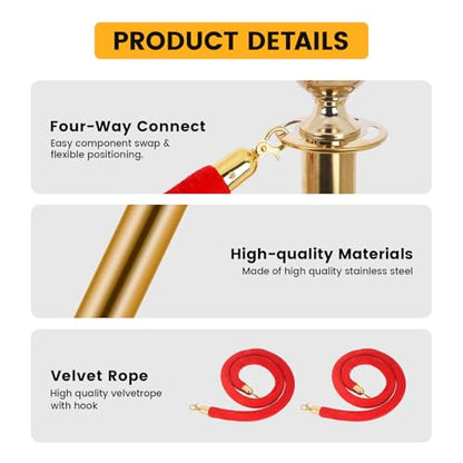 6-Pack Stainless Steel Stanchions and Velvet Ropes (4 Red 5ft), Sand-Filled Crowd Control Barriers for Weddings, Exhibitions, Events(Gold) - color: Gold, size: 6-Pack