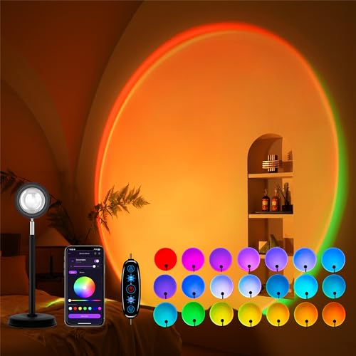 Tsrarey Sunset Lamp Projection, Not Only 21 Colors Sunset Lights, 180 Degree Rotation Led Light, Push Button Switch & APP Control Projector for Party Bedroom Decor | 180° Rotation|Multi Modes|Push Button Switch & APP Control Sun Lamps for Room Decor,Party