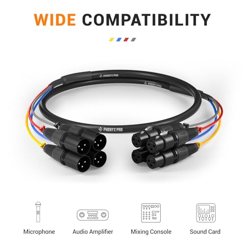 Phenyx Pro 4-Channel 3 ft XLR Microphone Snake Cable PCBL-4IN1-3-V2 | 4-in-1 Color-Coded Design, 3-Pin Male-to-Female XLR, 24 AWG OFC Copper, Mixers, IEM, Mic Systems - size: 3 Feet