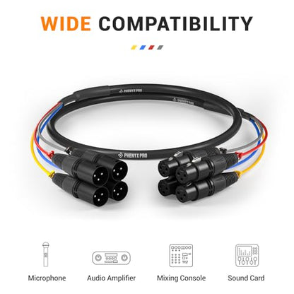 Phenyx Pro 4-Channel 3 ft XLR Microphone Snake Cable PCBL-4IN1-3-V2 | 4-in-1 Color-Coded Design, 3-Pin Male-to-Female XLR, 24 AWG OFC Copper, Mixers, IEM, Mic Systems - size: 3 Feet