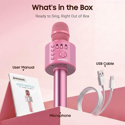 BONAOK Wireless Bluetooth Karaoke Microphone, 3-in-1 Portable Handheld Mic Speaker Machine with Built-in Non-Detachable Battery, for All Smartphones, Gifts to Girls, Boys Kids Adults All Age - color: Pink