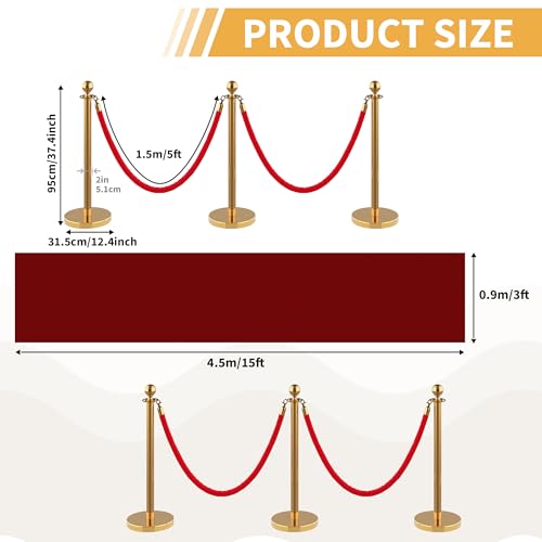 6 Pack Stanchions Set with 4 Velvet Ropes, Stainless Steel Crowd Control Barriers for Party, Wedding, Event Supplies – Gold - size: with Red Carpet