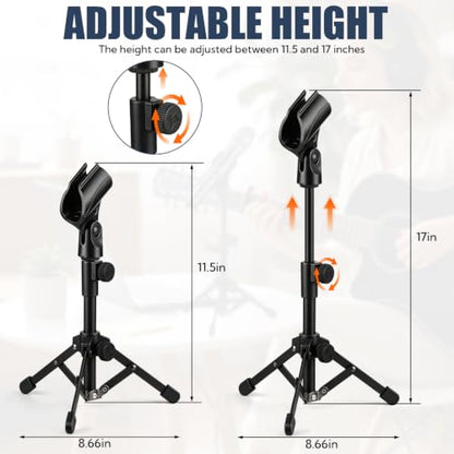 4 Pack Desk Mic Stand, Portable Foldable Tripod Microphone Stand with Mic Clip Holder, Adjustable Tabletop Stand for Blue Yeti, Snowball, Shure SM58, Dynamic & Condenser Microphones ﻿