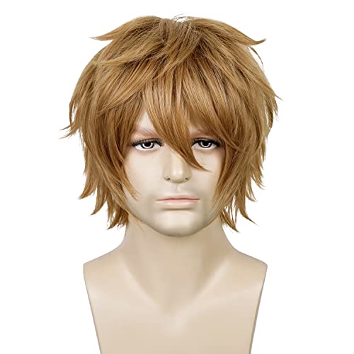 LABEAUTÉ Short Ash Brown Anime Cosplay Wig Male Men Anime Layered Unisex Heat Resistant Hair Wig with Bangs for Party and Halloween for Gift + Free Cap - color: Ash Brown
