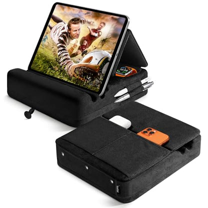 Tablet Pillow Stand with Storage, Foldable iPad Holder for Lep, Bed, Sofa, and Desk - Soft Pad Dock with Pocket and Stylus Mount Compatible with 4-13" iPad Pro/Air/Mini, Galaxy Tab, Kindle - color: Black