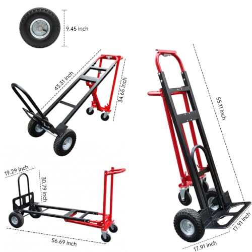 Red Convertible Hand Truck Dolly Cart with 4 Wheels Heavy Duty,1000 Lbs Capacity, 2 Straps for Moving Furniture/Appliance/Carton/Warehouse/Office/Easy to Follow Video to Install - color: Red