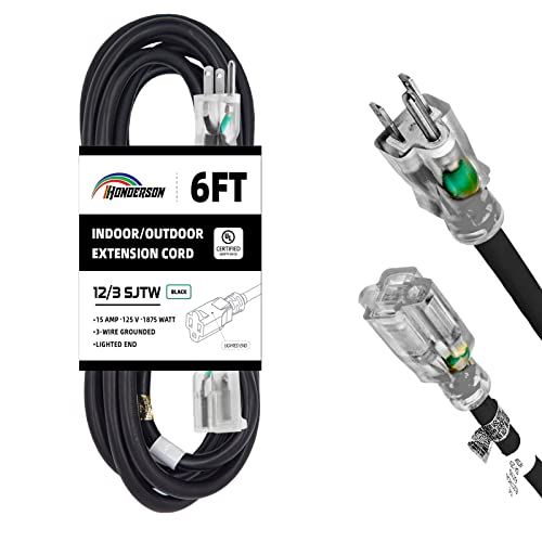 6 Ft Black Outdoor Extension Cord with Lighted End Weatherproof 12 Gauge | UL Certified 12/3 SJTW Cable, 15A Rated, Perfect for Outdoor Lights, Appliances and Lawn Equipment - size: 6FT, style: 12/3