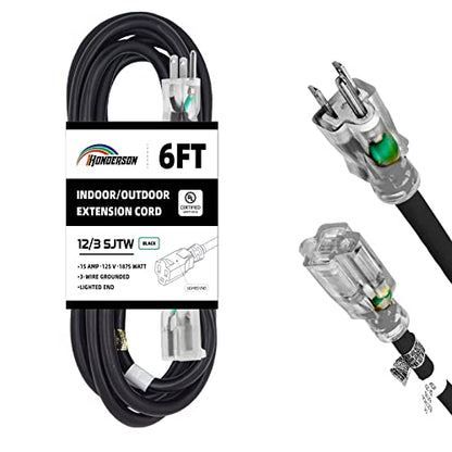 6 Ft Black Outdoor Extension Cord with Lighted End Weatherproof 12 Gauge | UL Certified 12/3 SJTW Cable, 15A Rated, Perfect for Outdoor Lights, Appliances and Lawn Equipment - size: 6FT, style: 12/3
