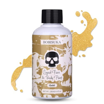 BOBISUKA Gold Face Body Paint Liquid Texture Washable Non Toxic Facepaint Fast Drying Metallic Gold Foundation Makeup for Halloween Cosplay SFX Costume Party Large Capacity(130ml) - color: Gold