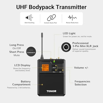 TONOR UHF Wireless Microphone System, 1 Set of Bodypack & Lavalier Mic | UHF Headset Lapel Mic, Rechargeable Receiver, 15 Channels 60 m/200ft Range 1/4" Output for Teaching, Recording ,Tour Guide