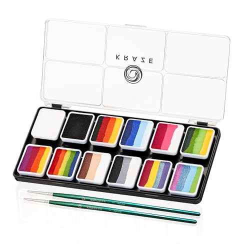 Kraze FX Splash 12 Color Split Cake Palette (6 gm) with 2 Brushes - Water Activated, Hypoallergenic, Safe, Non-Toxic Face Painting Kit for Sensitive Skin - size: 12 Split Cake Palette