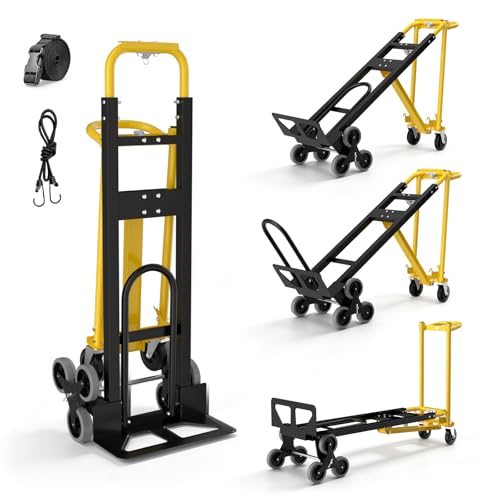 4 in 1 Convertible Hand Truck Dolly Cart with Wheels, 1000Lbs Capacity, Heavy Duty Stair Climbing Hand Trucks with Bungee Cord & Strap for Flat Ground & Stairs, Logistics, Home, Office, Yellow - color: Yellow-1