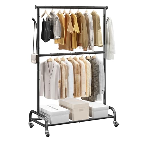 VEVOR Clothes Rack, Rolling Clothing Garment Rack with Adjustable Crossbar and Side Hooks, 150 lbs Load Capacity, Heavy Duty Carbon Steel Clothing Racks with Wheels for Bedroom, Laundry, Living Room