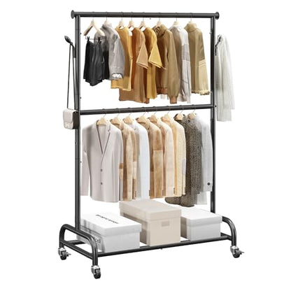 VEVOR Clothes Rack, Rolling Clothing Garment Rack with Adjustable Crossbar and Side Hooks, 150 lbs Load Capacity, Heavy Duty Carbon Steel Clothing Racks with Wheels for Bedroom, Laundry, Living Room
