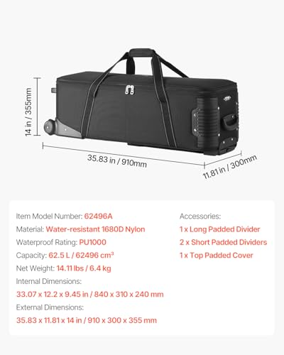 VEVOR Studio Equipment Trolley Case, 35.83 x 11.81 x 14 in / 91 x 30 x 35.5 cm, Rolling Camera Bag, Carrying Bag with Wheels Straps Padded Compartment Handle, for Light Stands, Tripods, Telescopes - size: Medium