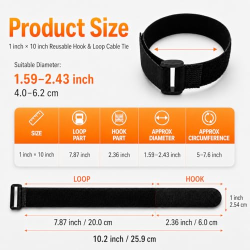 Ysenchan Hook and Loop Straps with Buckle, Reusable Adjustable Cable Management Straps, Heavy Duty Cinch Straps for Cords, Hoses, Bike Gear & Home Organization, 1" x 10", Black, 10 Pack - size: 10 Inch