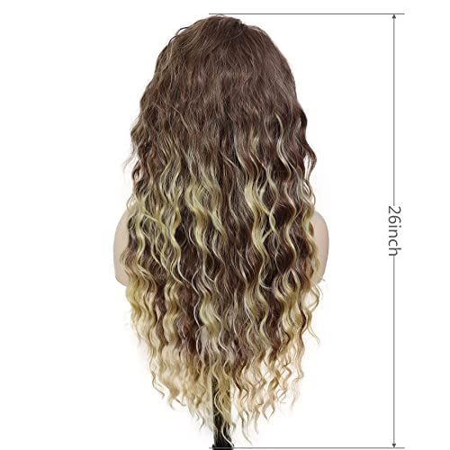 26 inch Long Curly Wigs for Women Brown Mixed Blonde Wig with Highlights - color: Brown Mix Blonde