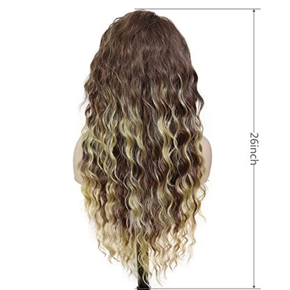 26 inch Long Curly Wigs for Women Brown Mixed Blonde Wig with Highlights - color: Brown Mix Blonde