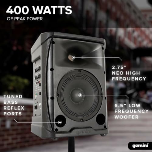 Gemini Wireless Battery PA Speaker, 400 Watts, 6.5" (GPSS-650) | 13 lb wireless battery PA, 6.5", 11+ hr - 3-channel mixer, DSP EQ - XLR/1/4", RCA, AUX - Bluetooth