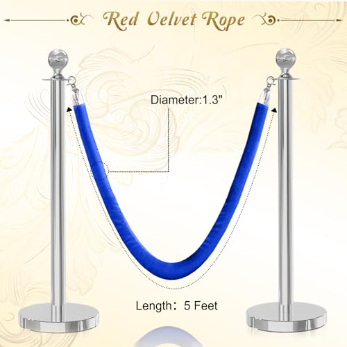 2PCS Blue Velvet Stanchion Rope 5 Ft Crowd Control Ropes Barrier with Silver Hooks for Party - color: Blue&Silver, size: 2PCS