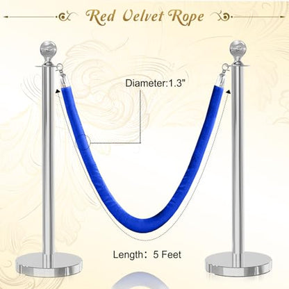 2PCS Blue Velvet Stanchion Rope 5 Ft Crowd Control Ropes Barrier with Silver Hooks for Party - color: Blue&Silver, size: 2PCS