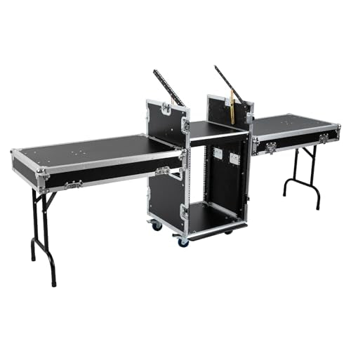 14U PA DJ Pro Audio Rack Road Case w/Slant Mixer Top, Heavy Duty Mobile Studio Equipment Cabinet w/2 DJ Table, Network and Stereo Rack DJ Mixer Rack for Mixers & Live Sound - size: 14U / 2DJ Tables