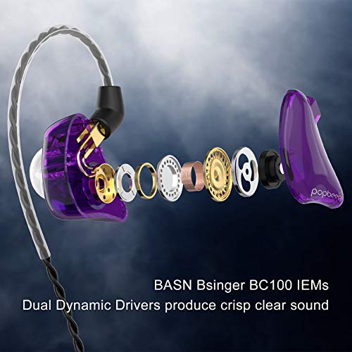 BASN Bsinger BC100 in Ear Monitor Headphone with Dual Drivers, Clear Purple | Noise Isolation Dynamic Drivers IEM Earphone with Detachable MMCX Cable for Singer Musician Drummer,Secure Fit Gaming Earbud - color: Purple