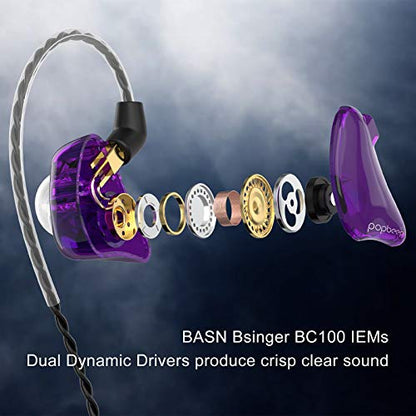 BASN Bsinger BC100 in Ear Monitor Headphone with Dual Drivers, Clear Purple | Noise Isolation Dynamic Drivers IEM Earphone with Detachable MMCX Cable for Singer Musician Drummer,Secure Fit Gaming Earbud - color: Purple