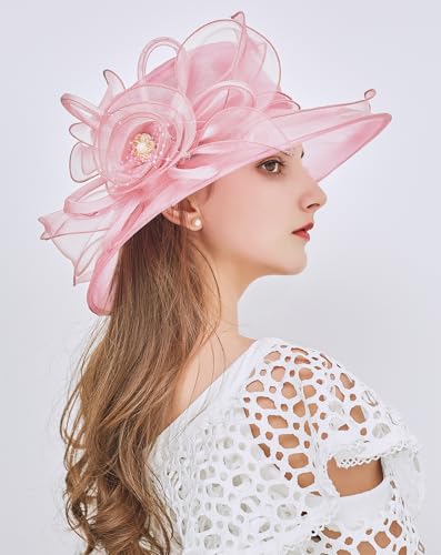 Women Derby Fascinator Hat Organza Church Wedding Hats Wide Brim Cocktail Tea Party Hat - color: 08 Light Pink