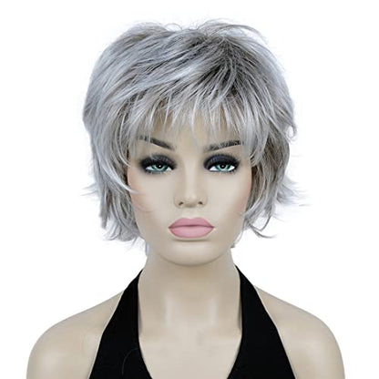Lydell 8" Short Layered Shaggy Wavy Full Synthetic Wig (48T Light Gray with Dark Root) - color: 48T Gray with Dark Root