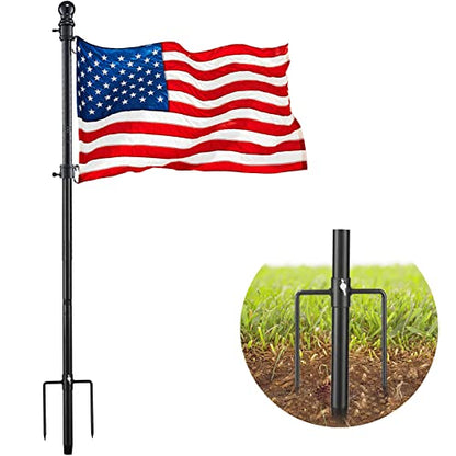 Flag Pole Kit for Outside House in Ground - 8FT Black Metal Outdoor House Yard Garden Flag Pole with 2 Pronges Base - Stainless Steel 3x5FT American Flag with Pole Residential Commercial - size: 8FT(Includes American Flag)