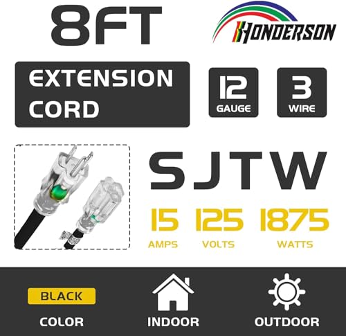 8 Ft Black Outdoor Extension Cord with Lighted End Weatherproof 12 Gauge | UL Certified 12/3 SJTW Cable, 15A Rated, Designed for Outdoor Lights, Appliances and Lawn Equipment - size: 8FT, style: 12/3