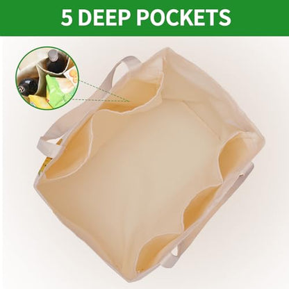 Aesthetic Canvas Reusable Grocery Bags Heavy Duty, 8.3 gal Foldable Large Tote Bag with Handles, Holds 60 lbs & Washable Eco-friendly Bags with 5 Pockets, Beige with a print 1 Bags - color: [A4] Sunflower, size: 1 Pack