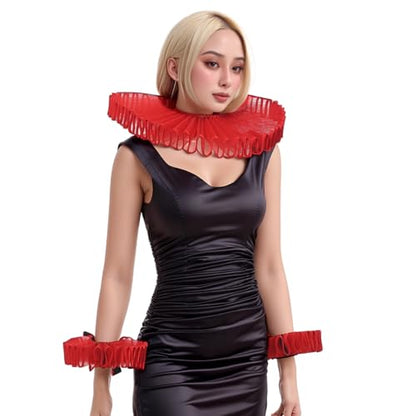 Renaissance Victorian Ruffle Collar and Wrist Cuffs Set Organza Colonial Clown Choker Neck Collar Cuff - color: Z Style a Red