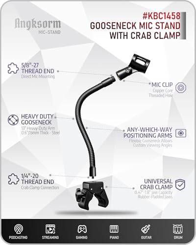 Music Stand Microphone Holder, 13-Inch Gooseneck, Crab Clamp | Gooseneck Mic Stand, Mic Stand Attachment, Music Stand Mic Holder, Super Crab Clamp, 5/8-27 and 3/8-16 Threads