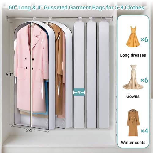 SLEEPING LAMB 60" Long Hanging Garment Bags for Closet Storage Gusseted Clear Dress Bag for Clothes, Gowns, Coats, Suits, 5 Packs - size: 60"