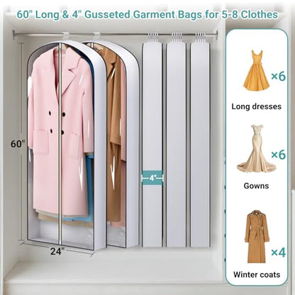 SLEEPING LAMB 60" Long Hanging Garment Bags for Closet Storage Gusseted Clear Dress Bag for Clothes, Gowns, Coats, Suits, 5 Packs - size: 60"