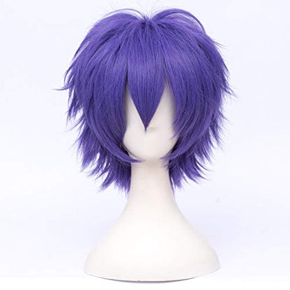 LABEAUTÉ Short Dark Lavender Anime Cosplay Wig Male Men Anime Layered Unisex Heat Resistant Hair Wig with Bangs for Party and Halloween for Gift + Free Cap - color: Dark Lavender