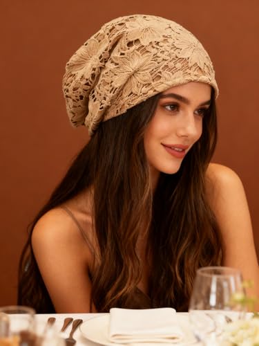 Crochet Slouchy Beanie Hat Handmade Knit Slouchy Floral Skull Hat Cutout Hats for Women Lightweight Knitted - color: F-khaki