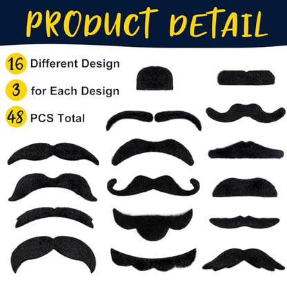 48 Pcs Fake Mustaches, Self Adhesive Fake Beard, Novelty Hairy Beard, Costume Facial Hair for Halloween Party - color: Black