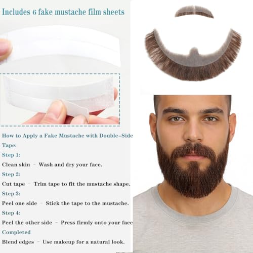 Hand-Tied Human Hair Fake Beard and Mustache for Costumes and Theater | Hand-knotted human hair on lightweight lace creates natural-looking facial hair for costumes, cosplay, theater and film - color: Style 9--brown
