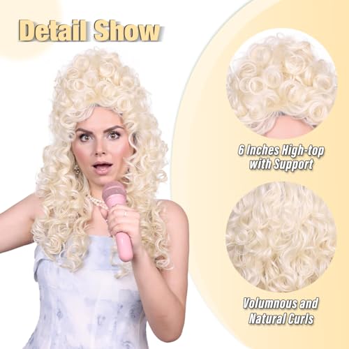 ColorGround Long Curly Fluffy Hair Wig for Women 60 70 80s Beehive Cosplay Wigs for Adults Halloween Costume (Blonde) - color: Blonde