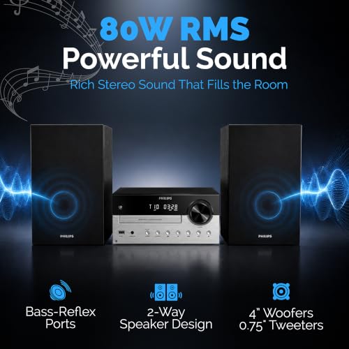 Philips Bluetooth Stereo System for Home with CD Player, Bluetooth 5.4 & Auracast, Upgraded 80W Stereo Sound, MP3, USB, Audio in, FM Radio, Bass Reflex Speaker, Remote Control Included - size: 80W Stereo System