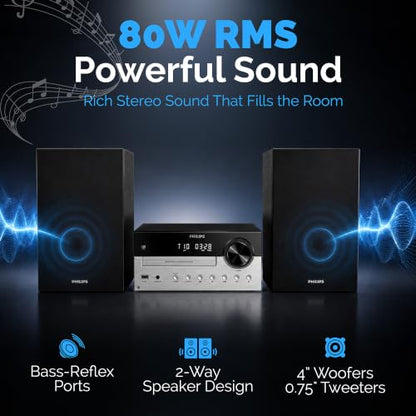 Philips Bluetooth Stereo System for Home with CD Player, Bluetooth 5.4 & Auracast, Upgraded 80W Stereo Sound, MP3, USB, Audio in, FM Radio, Bass Reflex Speaker, Remote Control Included - size: 80W Stereo System